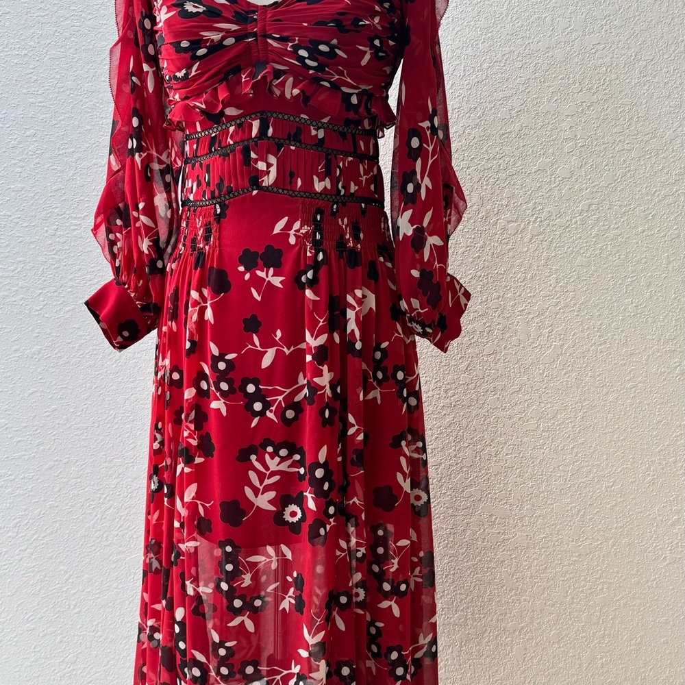 Self-Portrait Romantic Floral Off-Shoulder Red Ruffle Tiered Midi Dress Size 4 - Picture 6 of 13